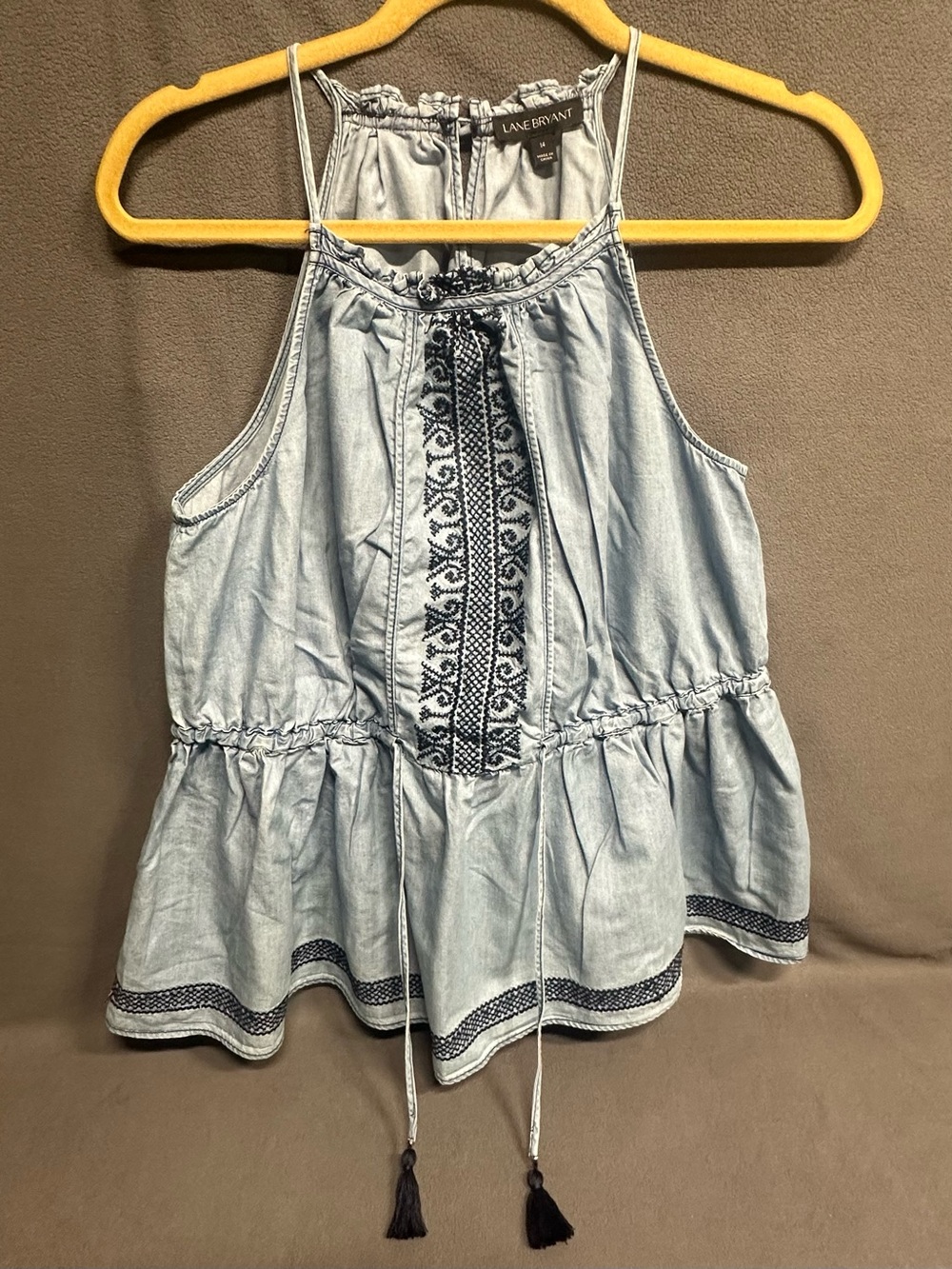 Lane Bryant Light Blue Chambray Halter Peplum Camisole with Navy Embroidery